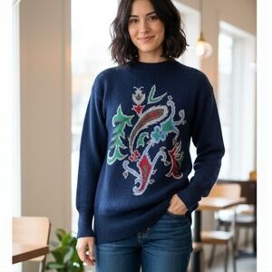Vintage Liz Claiborne Blue Paisley Abstract Mock Neck Tunic  Sweater M